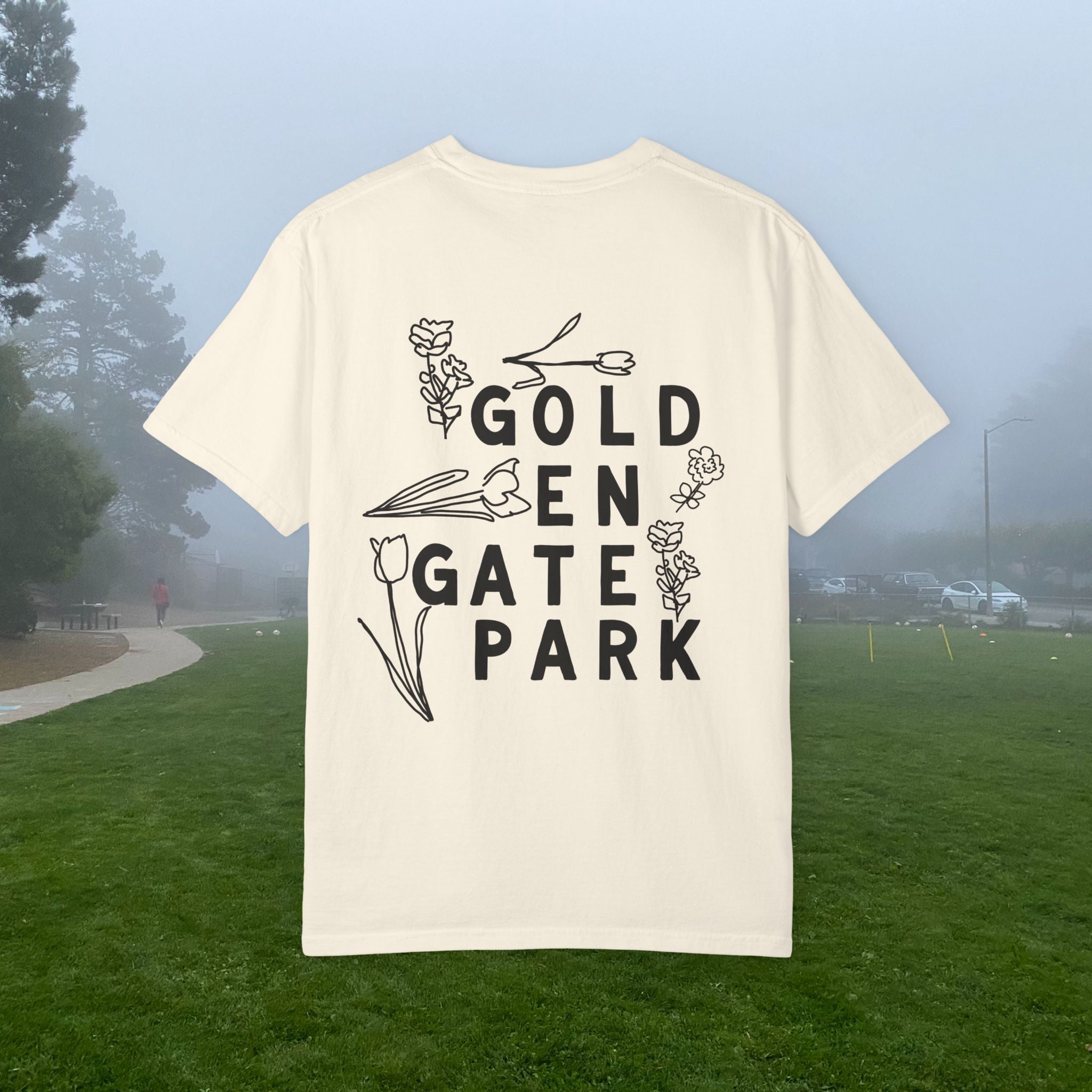 Golden Gate Park Sketch | Adult Unisex Cotton T-Shirt | Gold-en Gate Park Flowers