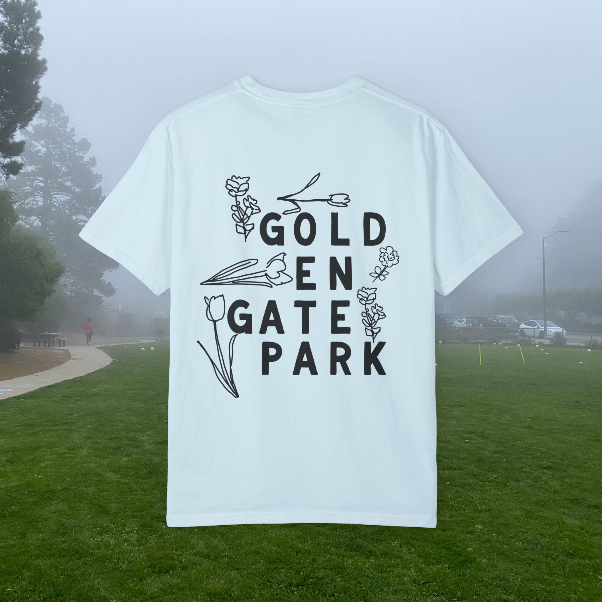 Golden Gate Park Sketch | Adult Unisex Cotton T-Shirt | Gold-en Gate Park Flowers