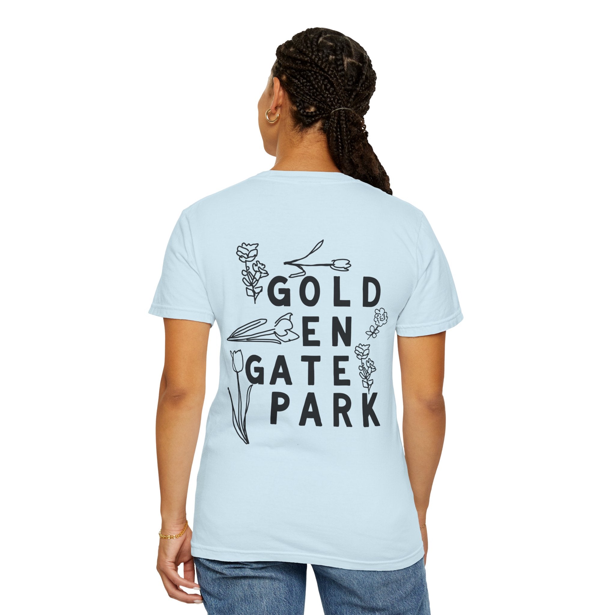 Golden Gate Park Sketch | Adult Unisex Cotton T-Shirt | Gold-en Gate Park Flowers