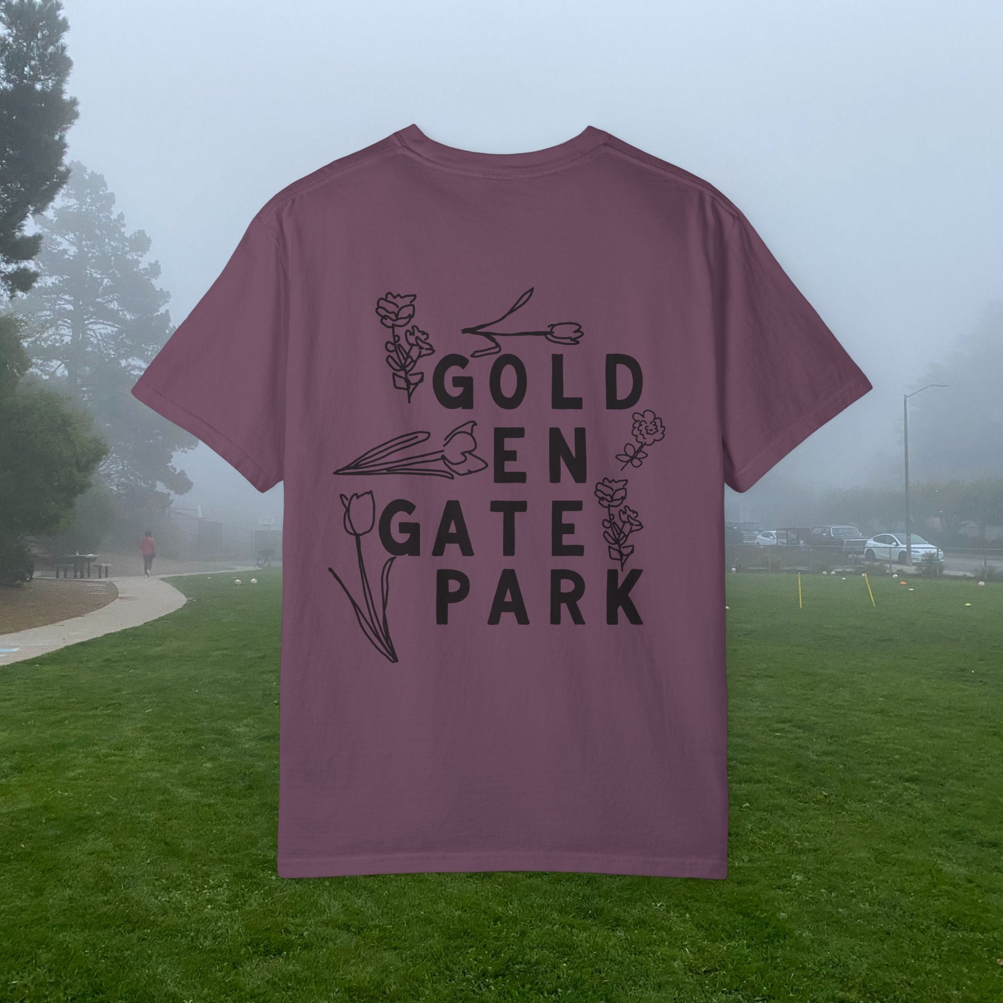 Golden Gate Park Sketch | Adult Unisex Cotton T-Shirt | Gold-en Gate Park Flowers